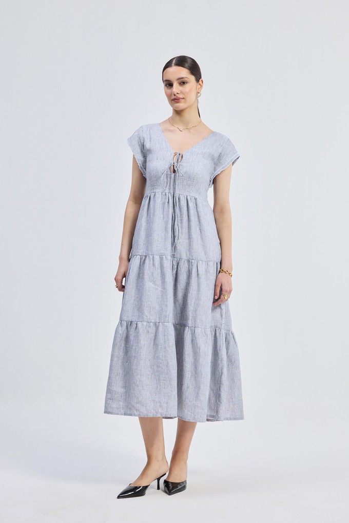 Maxi Tired Dress with Front-ties in Linen Stripes from Reistor