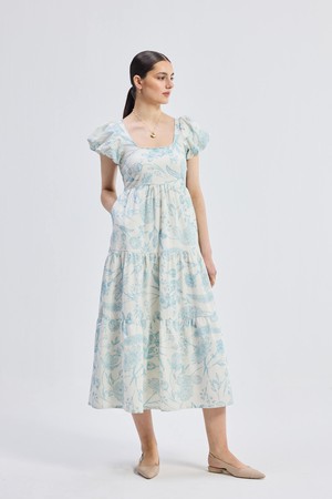 Puff Sleeve Tiered Maxi Dress in Blue Florals from Reistor