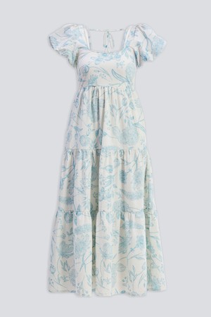 Puff Sleeve Tiered Maxi Dress in Blue Florals from Reistor