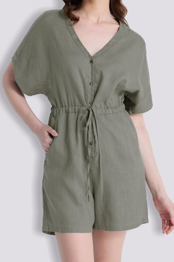 V neck Drawstring Romper in Dark Green from Reistor