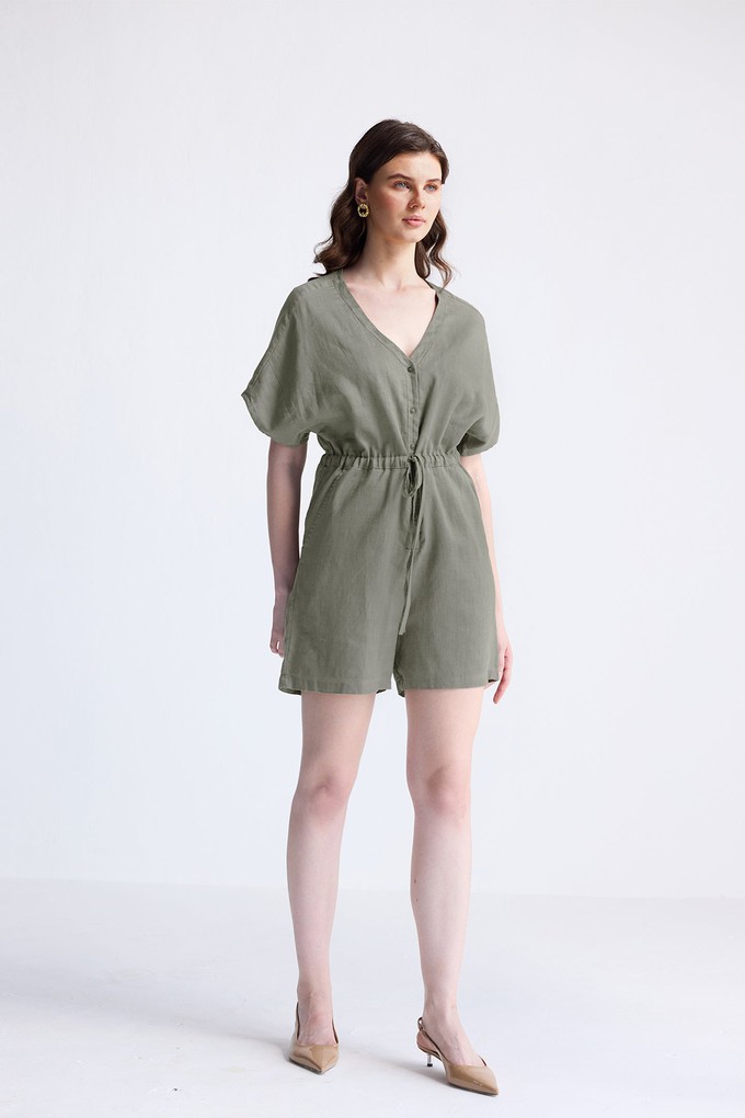 V neck Drawstring Romper in Dark Green from Reistor