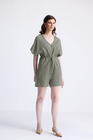 V neck Drawstring Romper in Dark Green from Reistor
