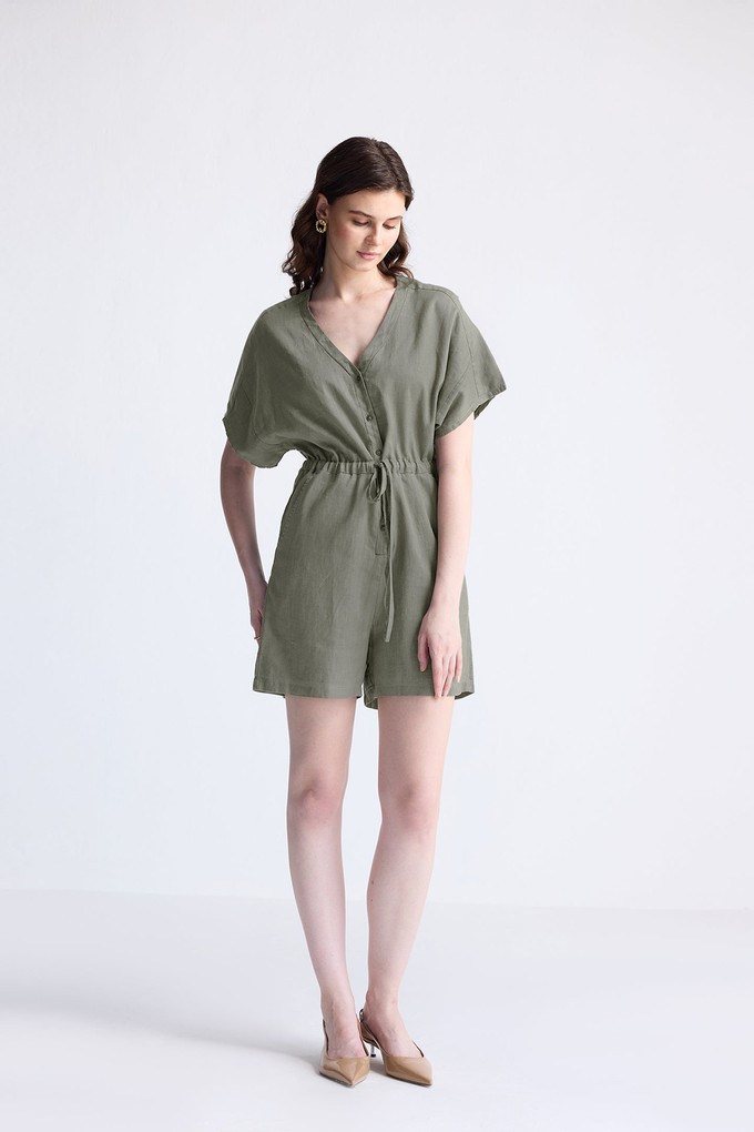 V neck Drawstring Romper in Dark Green from Reistor