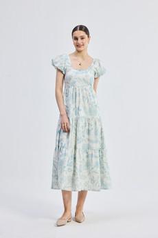Puff Sleeve Tiered Maxi Dress in Blue Florals via Reistor