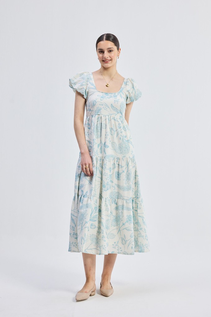 Puff Sleeve Tiered Maxi Dress in Blue Florals from Reistor