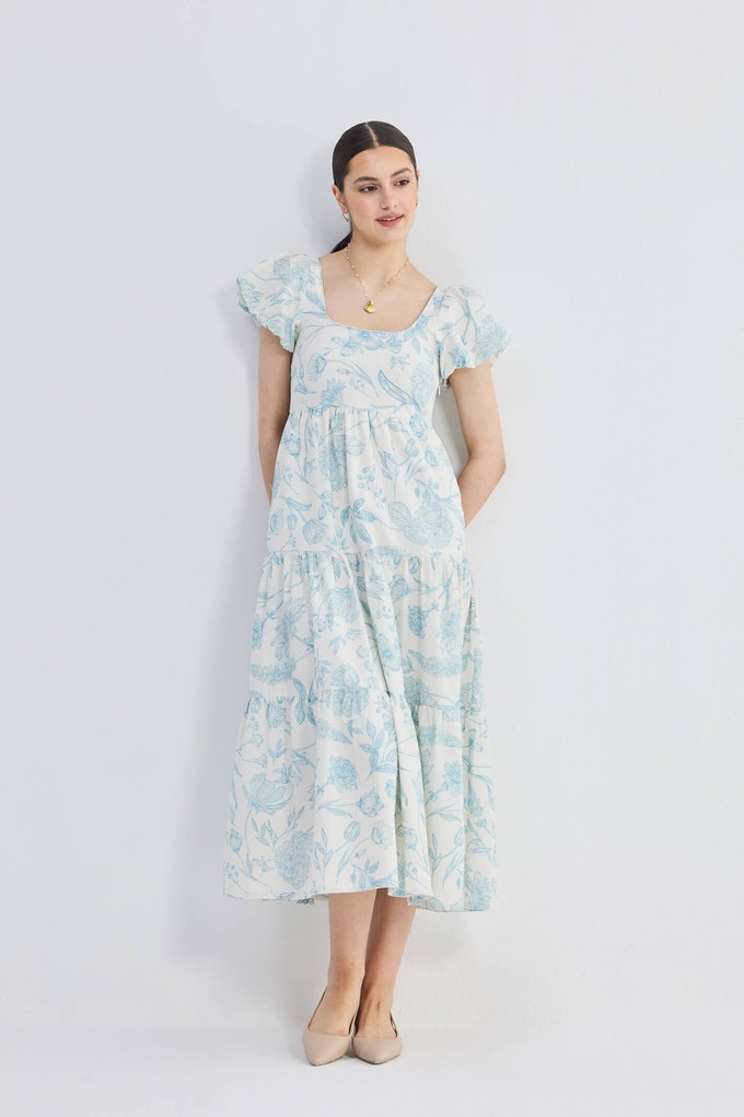 Puff Sleeve Tiered Maxi Dress in Blue Florals from Reistor