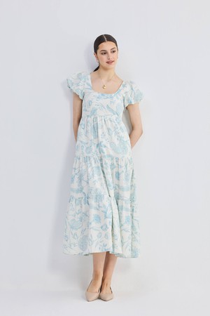 Puff Sleeve Tiered Maxi Dress in Blue Florals from Reistor