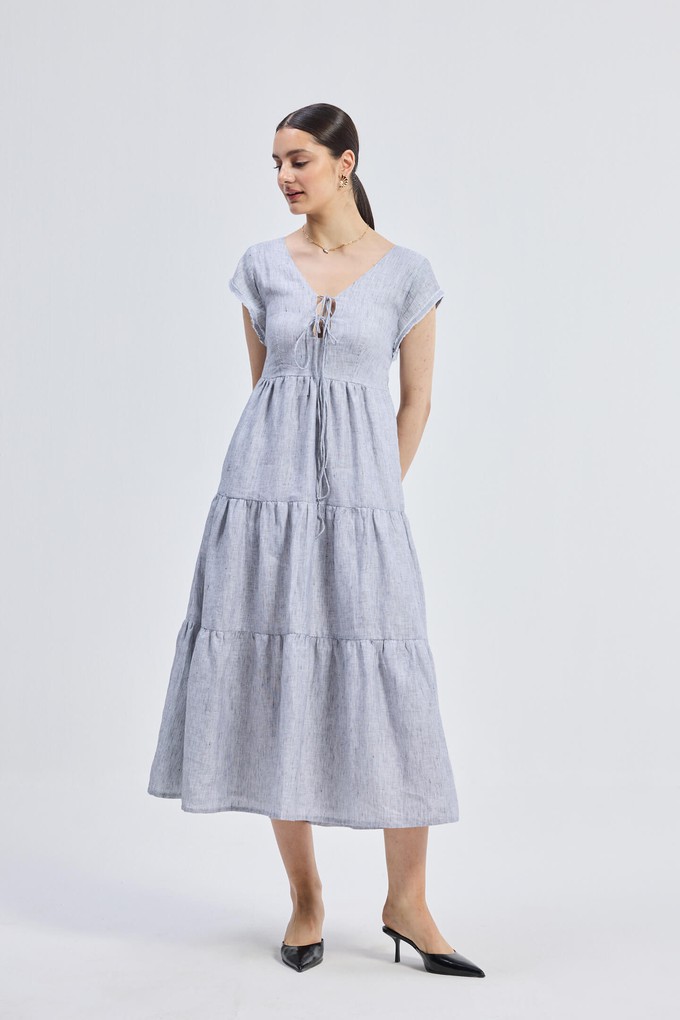 Maxi Tired Dress with Front-ties in Linen Stripes from Reistor