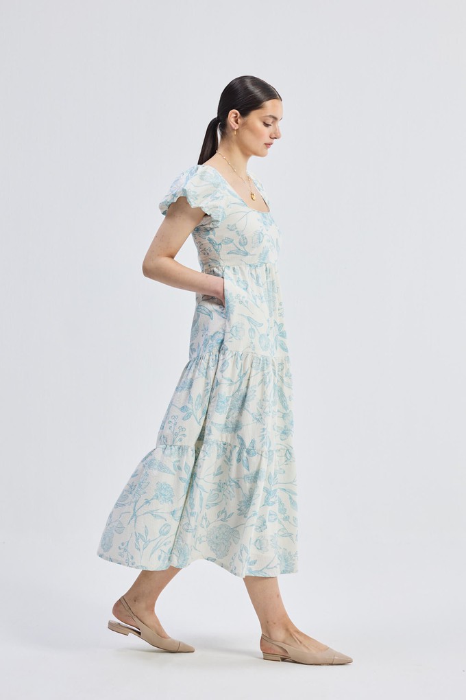 Puff Sleeve Tiered Maxi Dress in Blue Florals from Reistor
