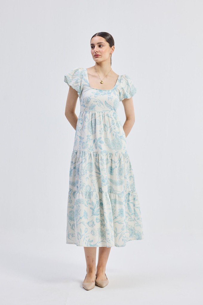 Puff Sleeve Tiered Maxi Dress in Blue Florals from Reistor