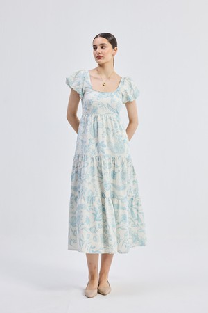 Puff Sleeve Tiered Maxi Dress in Blue Florals from Reistor