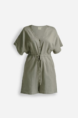 V neck Drawstring Romper in Dark Green from Reistor