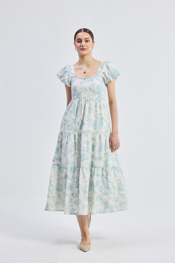 Puff Sleeve Tiered Maxi Dress in Blue Florals from Reistor