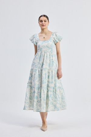 Puff Sleeve Tiered Maxi Dress in Blue Florals from Reistor