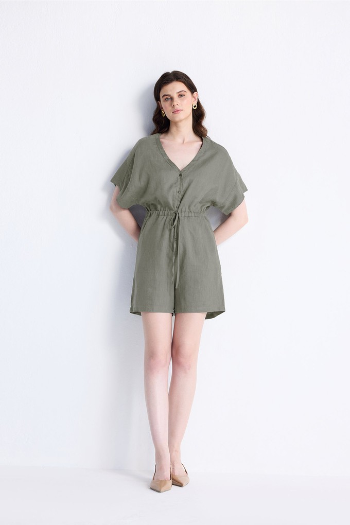 V neck Drawstring Romper in Dark Green from Reistor