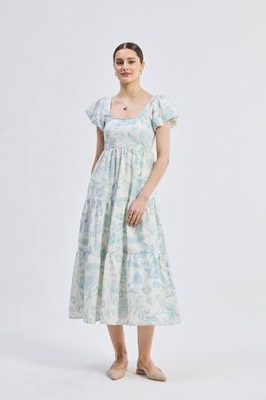 Puff Sleeve Tiered Maxi Dress in Blue Florals from Reistor