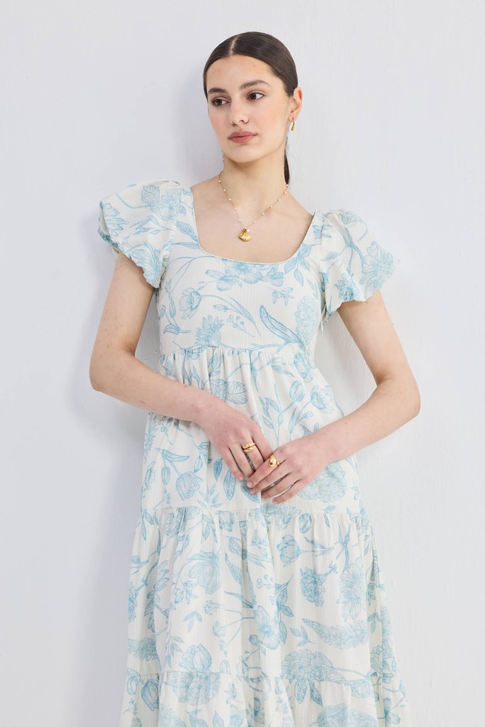 Puff Sleeve Tiered Maxi Dress in Blue Florals from Reistor