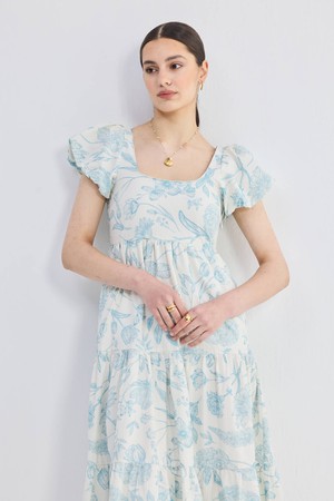 Puff Sleeve Tiered Maxi Dress in Blue Florals from Reistor