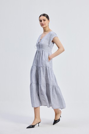 Maxi Tired Dress with Front-ties in Linen Stripes from Reistor