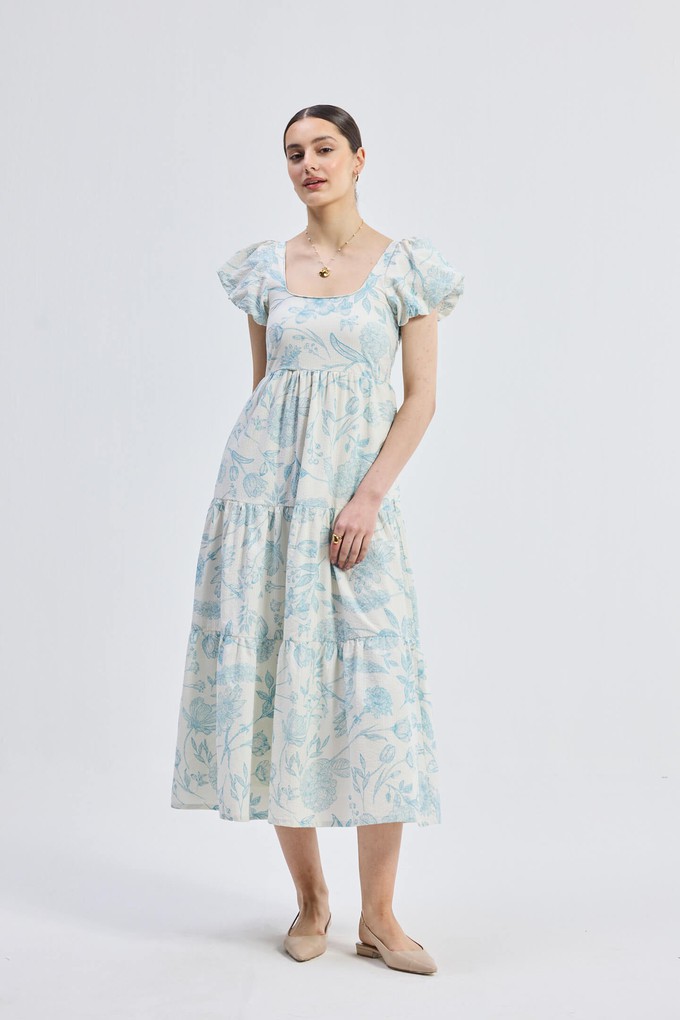 Puff Sleeve Tiered Maxi Dress in Blue Florals from Reistor