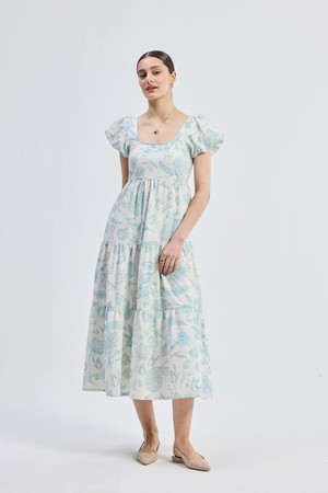 Puff Sleeve Tiered Maxi Dress in Blue Florals from Reistor