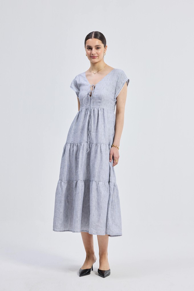 Maxi Tired Dress with Front-ties in Linen Stripes from Reistor