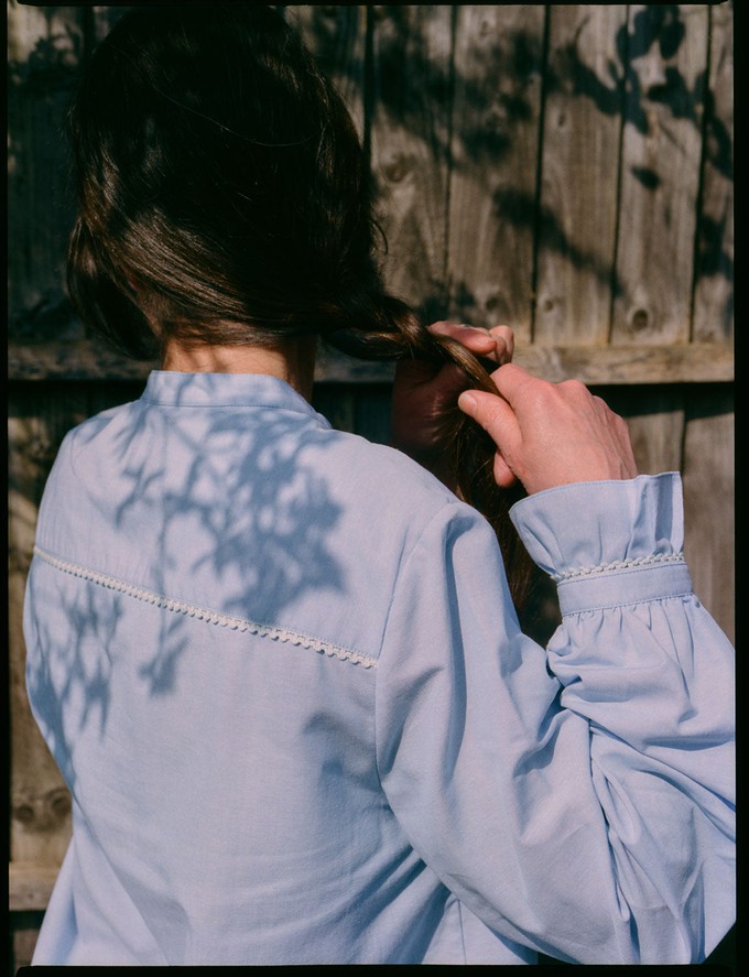 Marie A-Line Blouse With Gathered Neck, Blue Recycled Cotton from Saywood.
