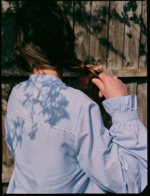 Marie A-Line Blouse With Gathered Neck, Blue Recycled Cotton from Saywood.