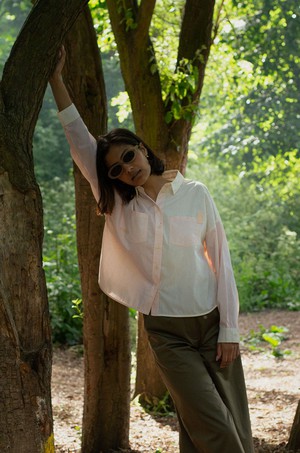 Lela Patchwork Shirt, Pastel Orange/ Yellow Cotton from Saywood.