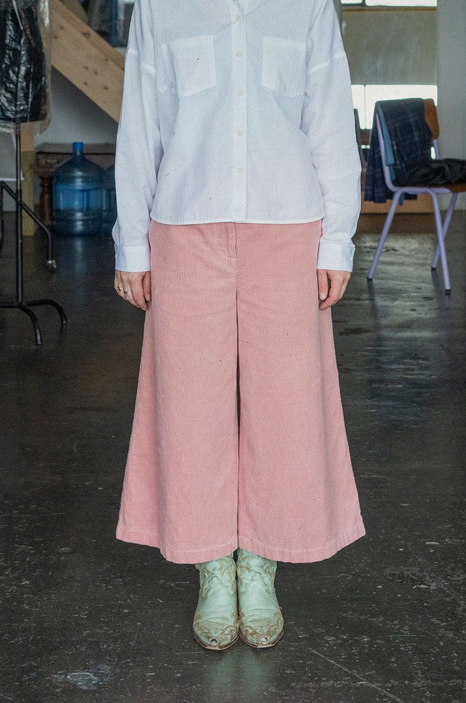 Amelia Wide Leg Culotte Trouser, Pink Corduroy Cotton from Saywood.