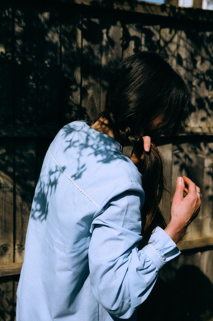 Marie A-Line Blouse With Gathered Neck, Blue Recycled Cotton from Saywood.