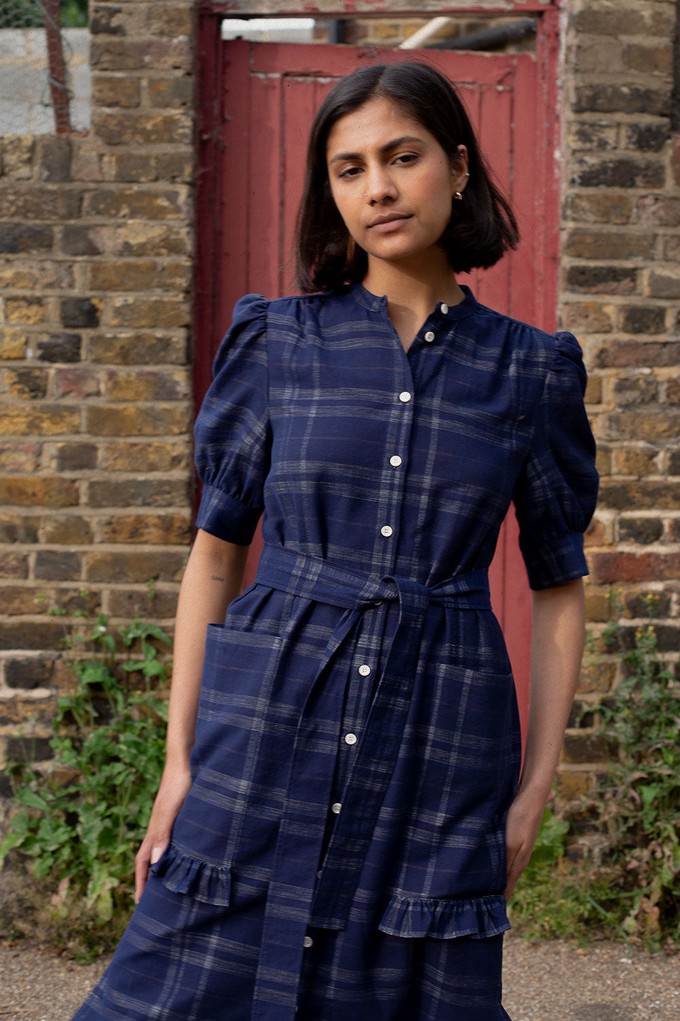 Rosa Puff Sleeve Shirtdress, Navy Check Deadstock Cotton from Saywood.