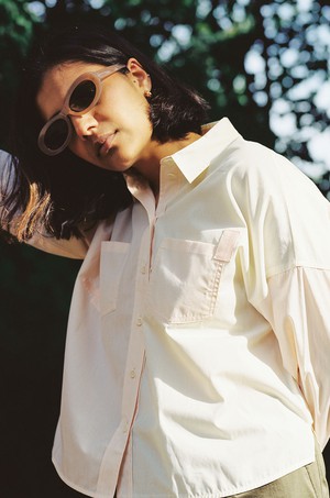 Lela Patchwork Shirt, Pastel Orange/ Yellow Cotton from Saywood.