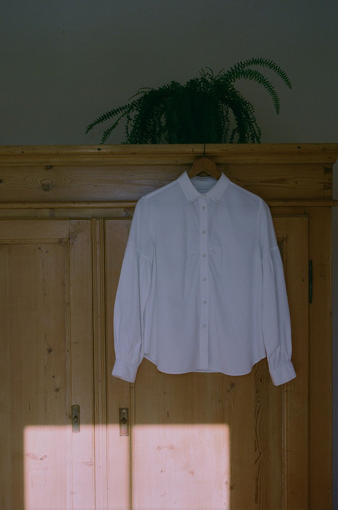 Edi Volume Sleeve Shirt, White Cotton Bamboo from Saywood.