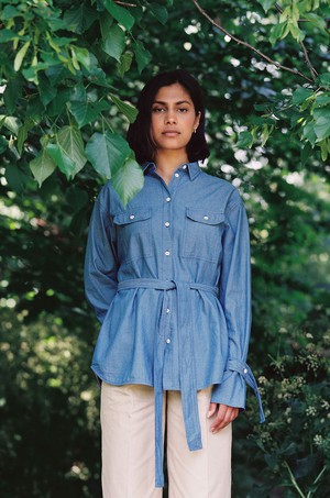 Zadie Boyfriend Shirt, Light Wash Japanese Denim from Saywood.