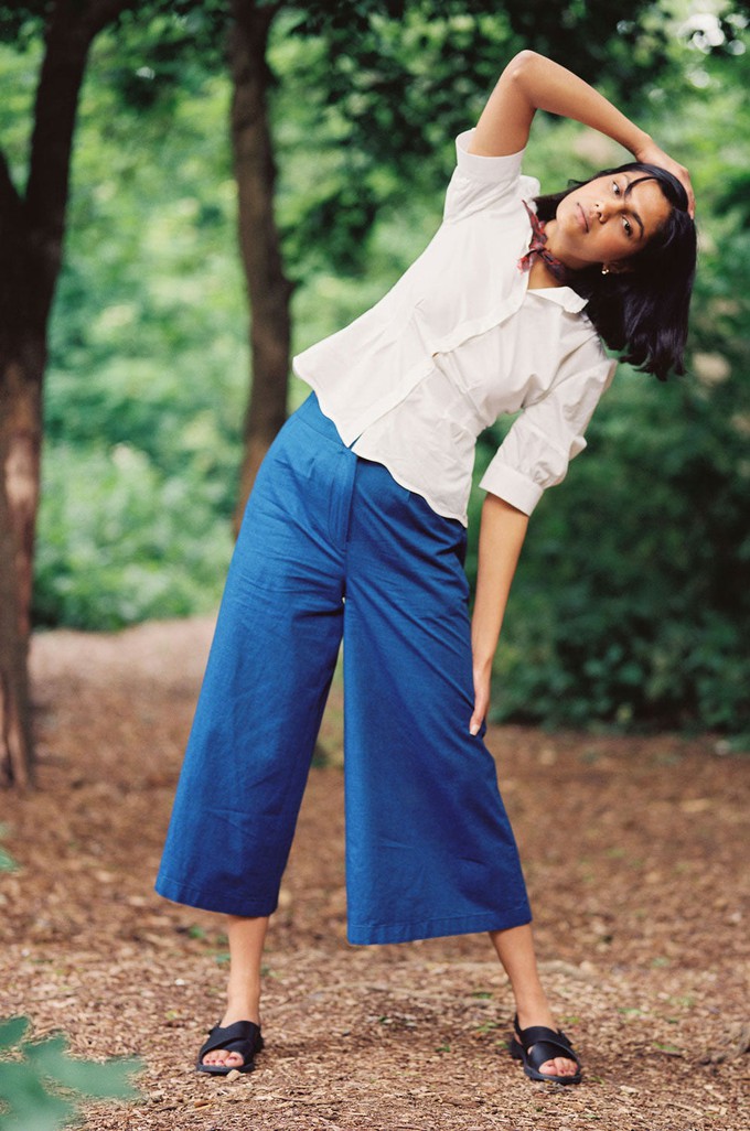 Amelia Wide Leg Culotte Trousers, Indigo Japanese Denim from Saywood.