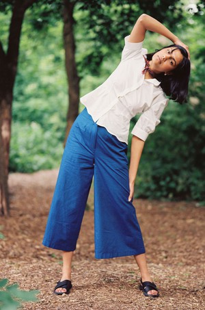 Amelia Wide Leg Culotte Trousers, Indigo Japanese Denim from Saywood.