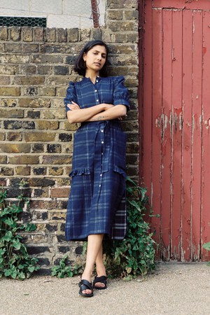 Rosa Puff Sleeve Shirtdress, Navy Check Deadstock Cotton from Saywood.