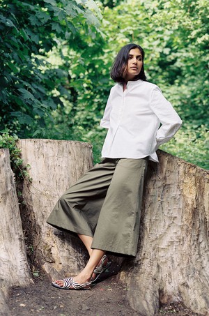 Amelia Wide Leg Culotte Trouser, Khaki Deadstock Cotton from Saywood.