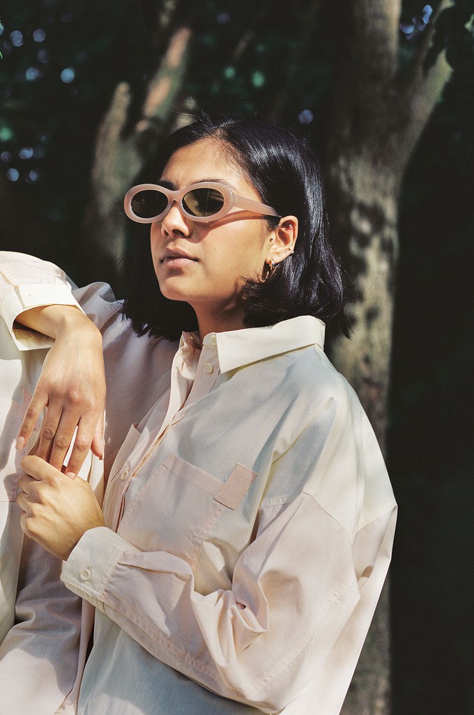 Lela Patchwork Shirt, Pastel Orange/ Yellow Cotton from Saywood.