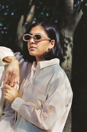 Lela Patchwork Shirt, Pastel Orange/ Yellow Cotton from Saywood.