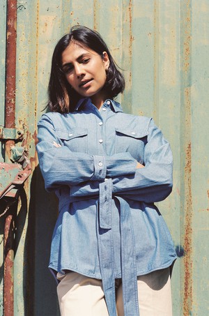 Zadie Boyfriend Shirt, Light Wash Japanese Denim from Saywood.