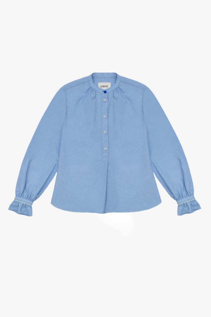 Marie A-Line Blouse With Gathered Neck, Blue Recycled Cotton from Saywood.
