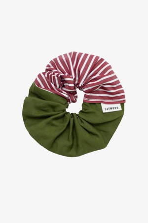 Patchwork Scrunchie, Olive Green & Berry Red Stripe from Saywood.