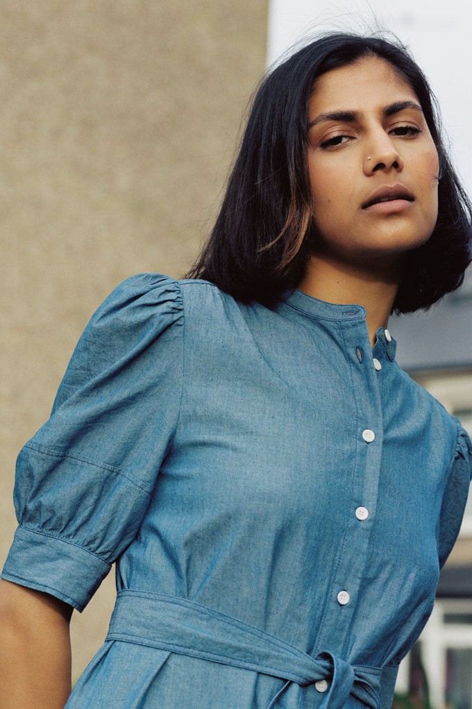 Rosa Puff Sleeve Shirtdress, Blue Light Wash Japanese Denim from Saywood.