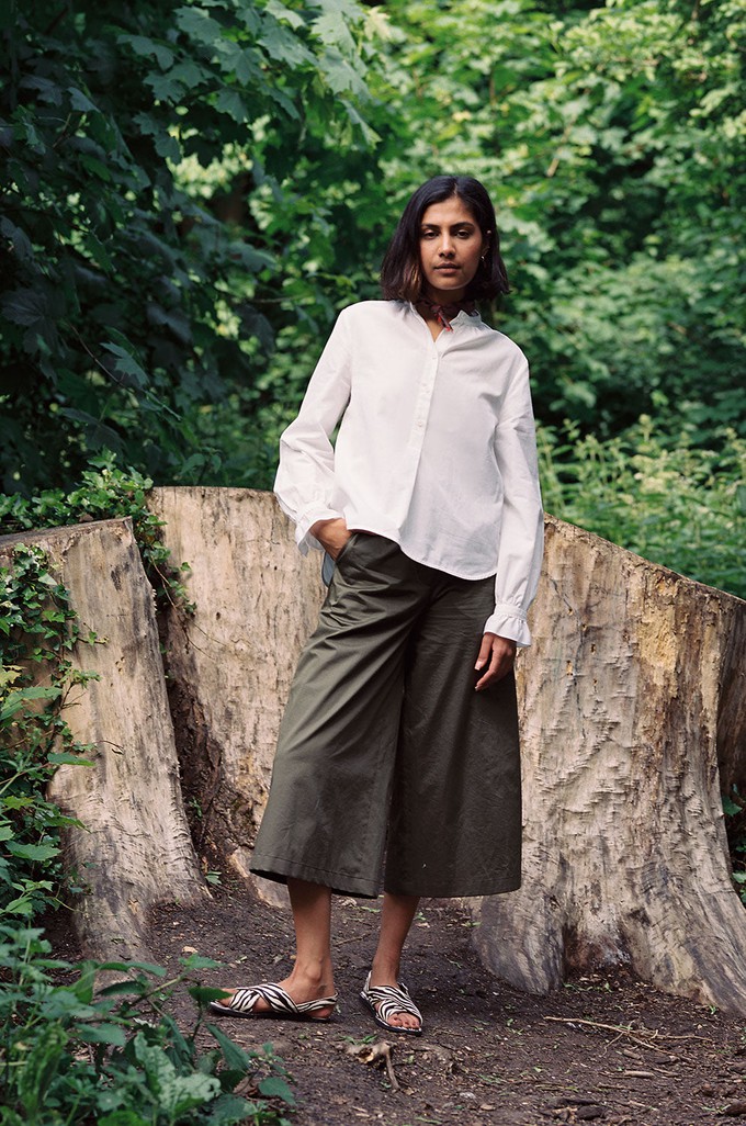 Amelia Wide Leg Culotte Trouser, Khaki Deadstock Cotton from Saywood.