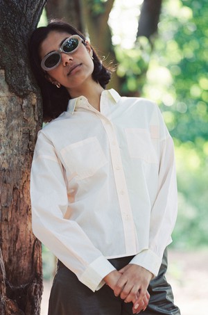 Lela Patchwork Shirt, Pastel Orange/ Yellow Cotton from Saywood.