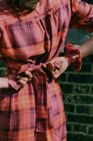 Rosa Puff Sleeve Shirtdress, Pink Coral Tartan Check from Saywood.
