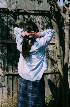 Marie A-Line Blouse With Gathered Neck, Blue Recycled Cotton from Saywood.