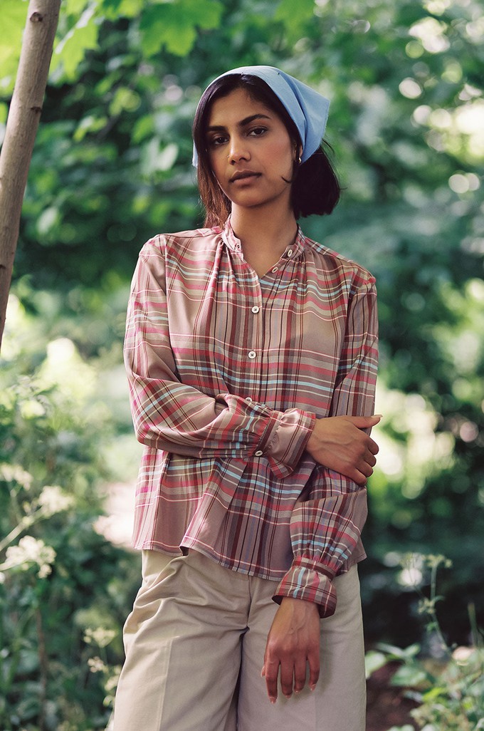 Limited Edition Marie Gather Neck A-Line Blouse, Pink Check Deadstock Cloth from Saywood.